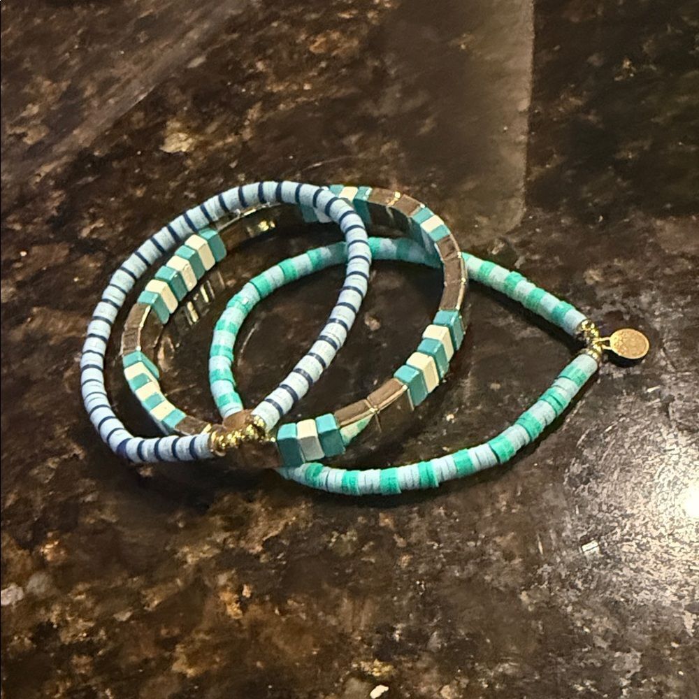 Blue and Turquoise Beaded Bracelet Set 3 NEW Bracelets - Gold White Aqua